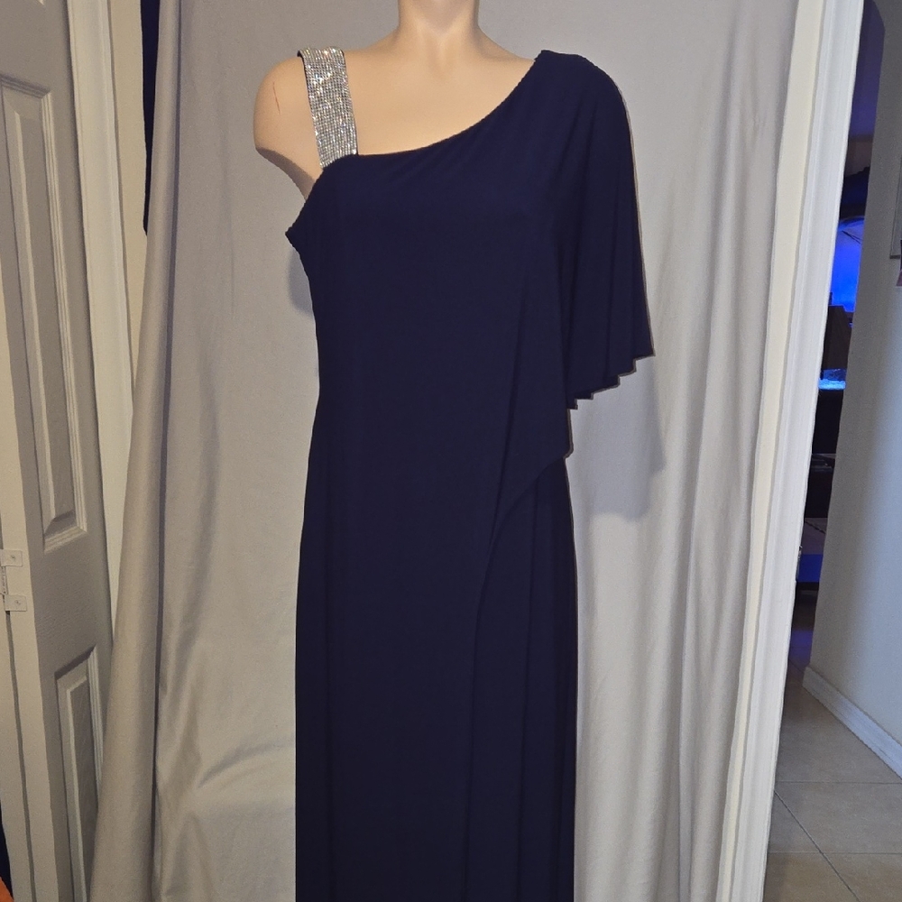 R & M Richards Navy, Asymmetrical Rhinestone Formal Jumpsuit